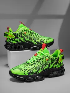 Men's Classic Trendy Fluorescent Flame Pattern Sneakers, Breathable Textile Upper, Cushioned Eva Sole, Casual All-Season Running Shoes
