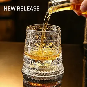 360-Degree Rotating Glass Cup, Intricate Carving Design, Perfect for Whiskey, Brandy, Wine, Ideal for Parties, Weddings, New Year Gifts, Whiskey Drinking Glass, Drinkware