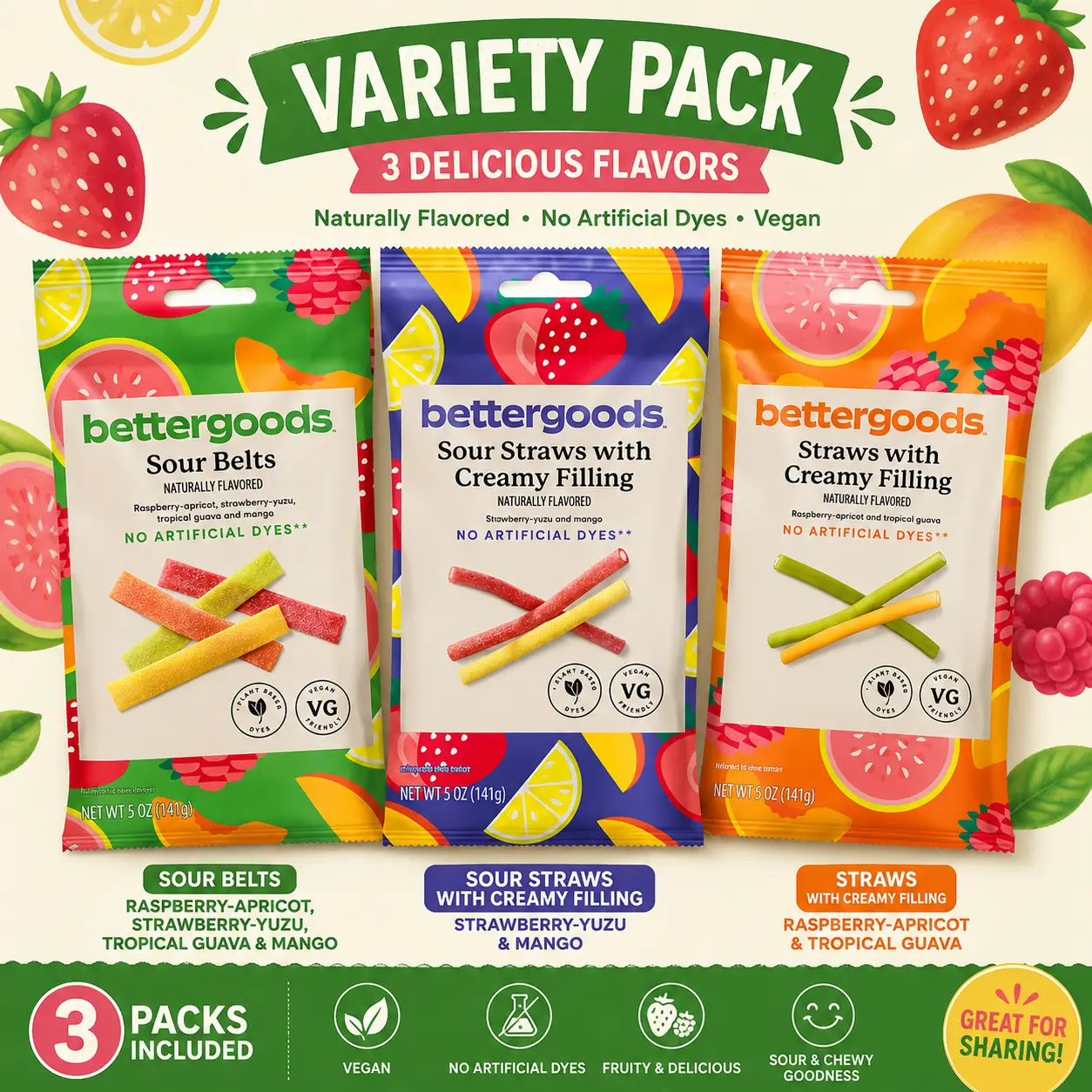bettergoods Variety Pack – 3 Pack Vegan Sour Candy, Sour Belts & Creamy Filled Straws, 3 Delicious Fruit Flavor Bags, 5 oz Each Sweet Pick-and-Mix Gummy Candy - Strawberry Vanilla, Lemon Raspberry, Trending Snacks for Candy Lovers