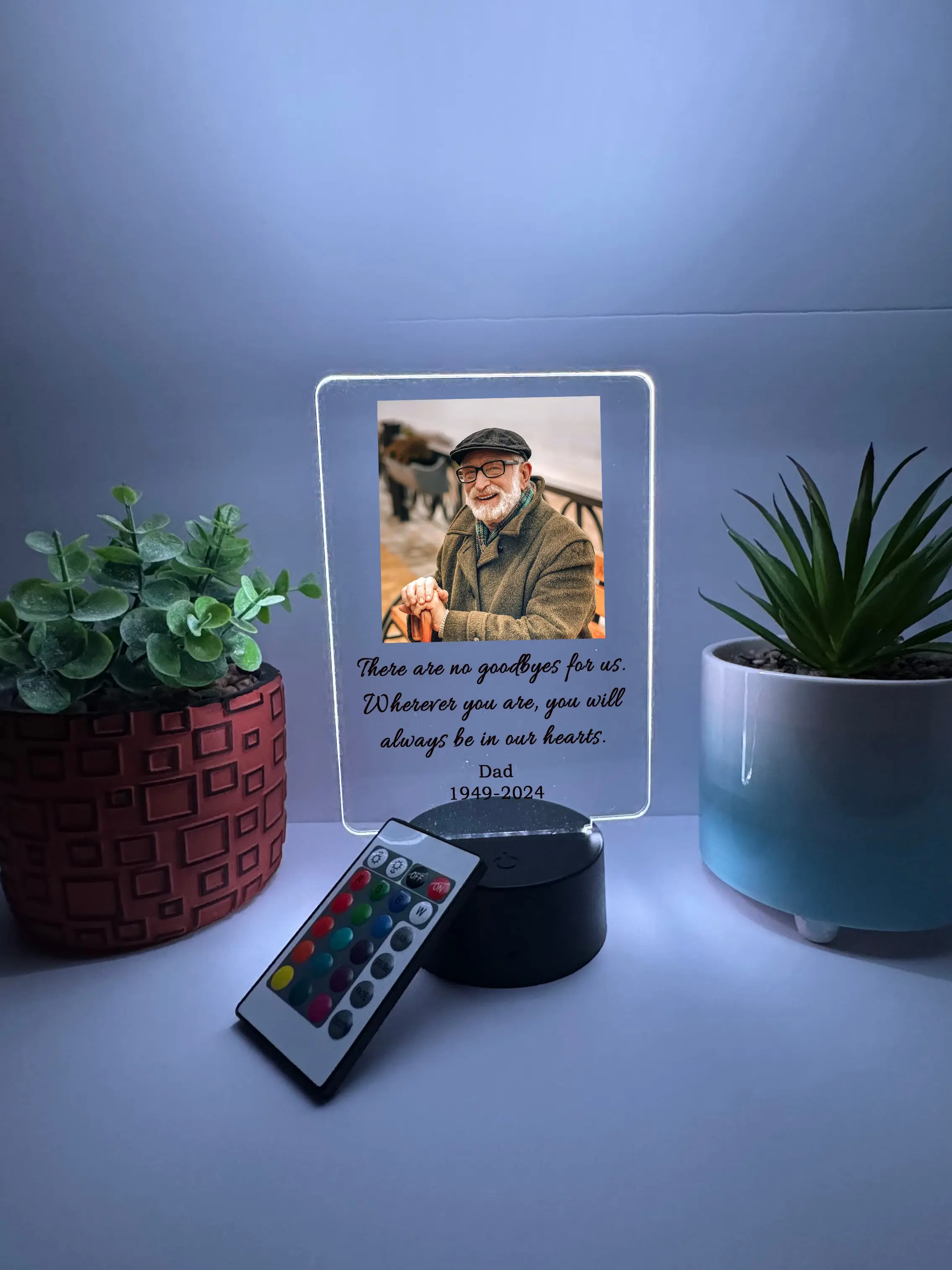 Custom LED Photo Memorial Frame, Personalized Memorial Plaque with Picture, Multi-Color Light Up Acrylic Display, Desk, Room, Gift Décor, Gift for Boyfriend, Girlfriend, Him, Her, Kid Friendly, Birthday, Anniversary, Christmas, Wedding, Favorite Memory