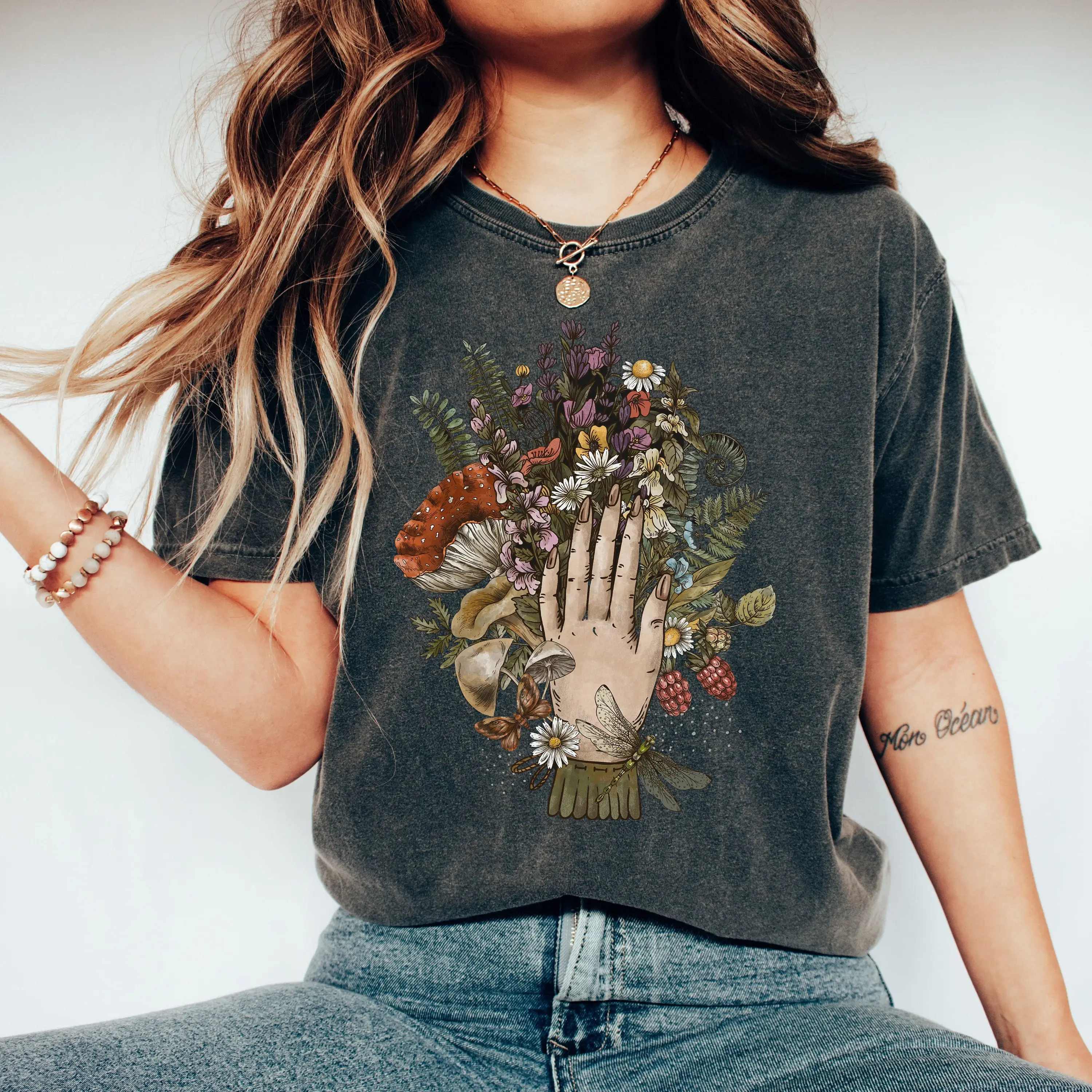 Cottagecore Shirt | Green Witch Aesthetic | Floral Shirt | Fairycore | Goblincore | Wildflower Shirt | Enchanted Forest | Mushroom | Vintage - 100% Cotton