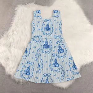 New Clothes Sibling Kids Girls Light Blue Sleeveless Bow Castle Athletic Dress Children's Fashion Sportswear with Castle Print cute baby girl infant clothes dress blue  girls