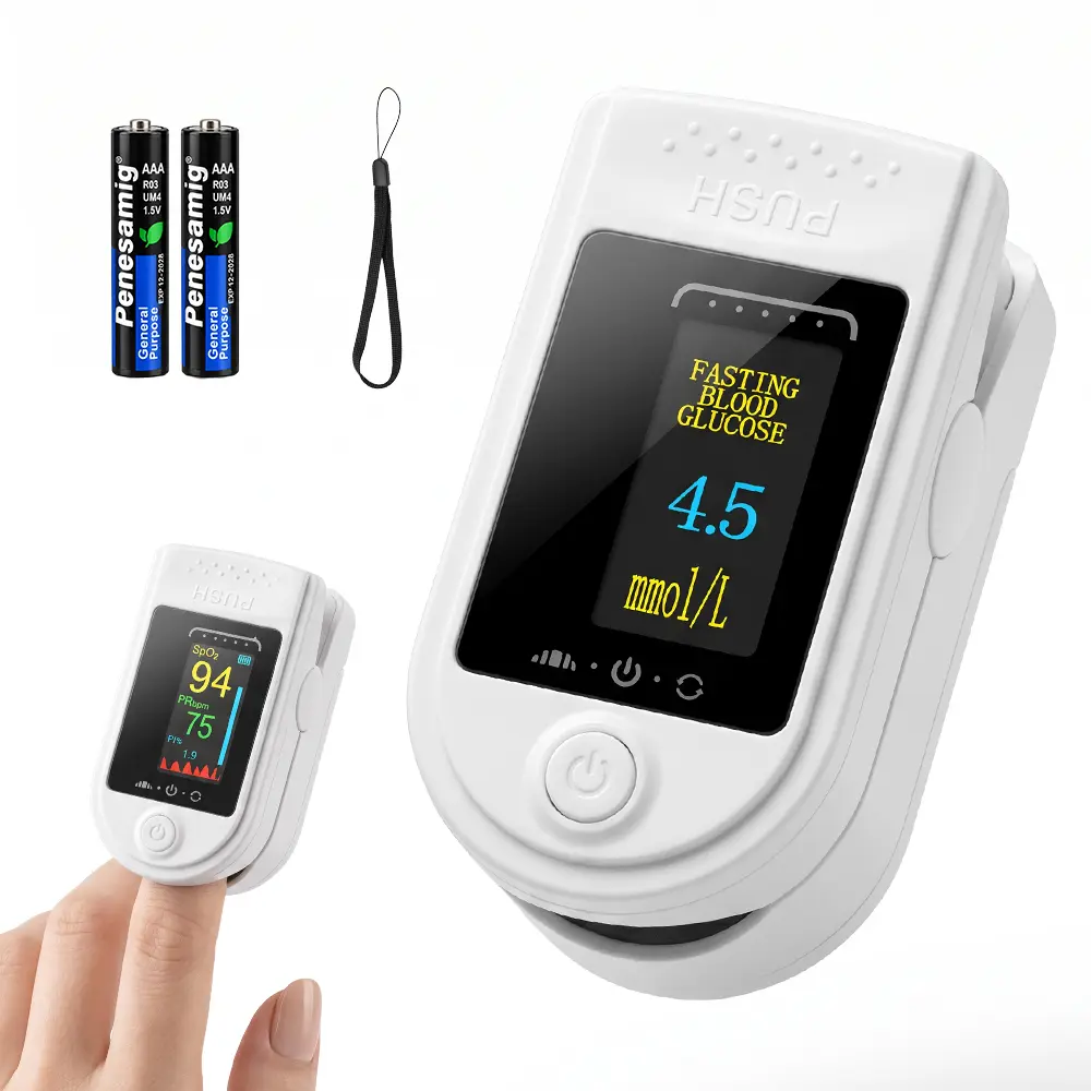 Non-invasive Fingertips blood glucose meter; results in 5 seconds; no blood sample required; comes with 2 batteries