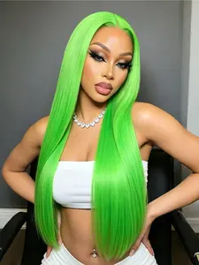 Electric Neon Green Straight Lace Front Wig 28 Inch Long Sleek Synthetic Hair 13x4 HD Lace Heat-Friendly Free Part Pre Plucked Natural Hairline for Daily Glam & Cosplay
