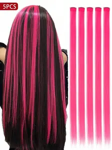 5-Piece Colorful Clip-In Hair Extensions, 20 Inch Long Straight Synthetic Hair Wigs, Halloween Cosplay Party Christmas Festival Gift