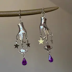 Purple Magic Hand Earrings for Women, Unique Pentagram Pendant Design, Stylish Stud Earrings