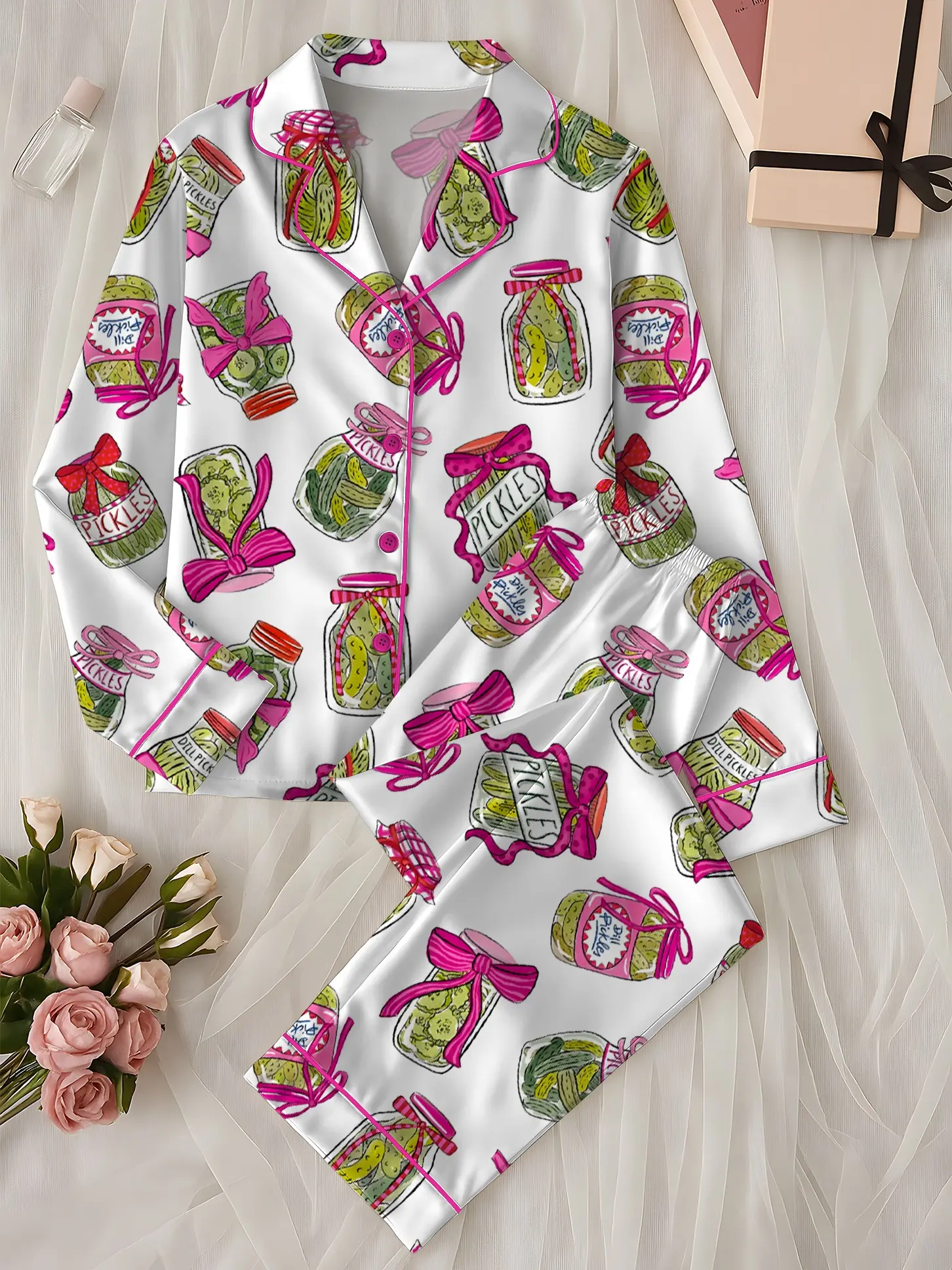 Women’s Pickle Lover Pink Bows Pajama Set, Christmas Sleepwear Gifts Nightwear Pajama Satin Long Pants, Noel Santa Gift For Her