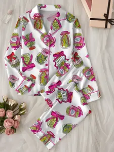 Women’s Pickle Lover Pink Bows Pajama Set, Christmas Sleepwear Gifts Nightwear Pajama Satin Long Pants, Noel Santa Gift For Her