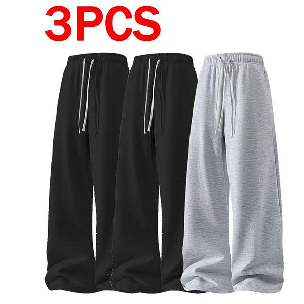3 Pairs of Men's Lightweight Drawstring 100% Polyester Loose Sweatpants - Soft, Straight, Light Grey and Black/Dark Grey, Four Seasons Comfort with Side Pockets, Suitable for Fitness and Casual Wear, All Seasons Casual Style Jogging Pants, Sweatpants, Men