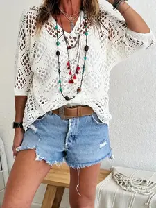 Plus Size Solid Hollow Out Drop Shoulder Knit Top, Casual V Neck Three Quarter Length Sleeve V Neck Knitwear for Summer, Women's Plus Clothing for Daily Wear