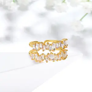 Fasjewly 18K Gold Plated Rainbow Eternity Ring | Emerald-Cut Multi-Color CZ Wedding Band for Women | Open Adjustable Stackable All-Around Band