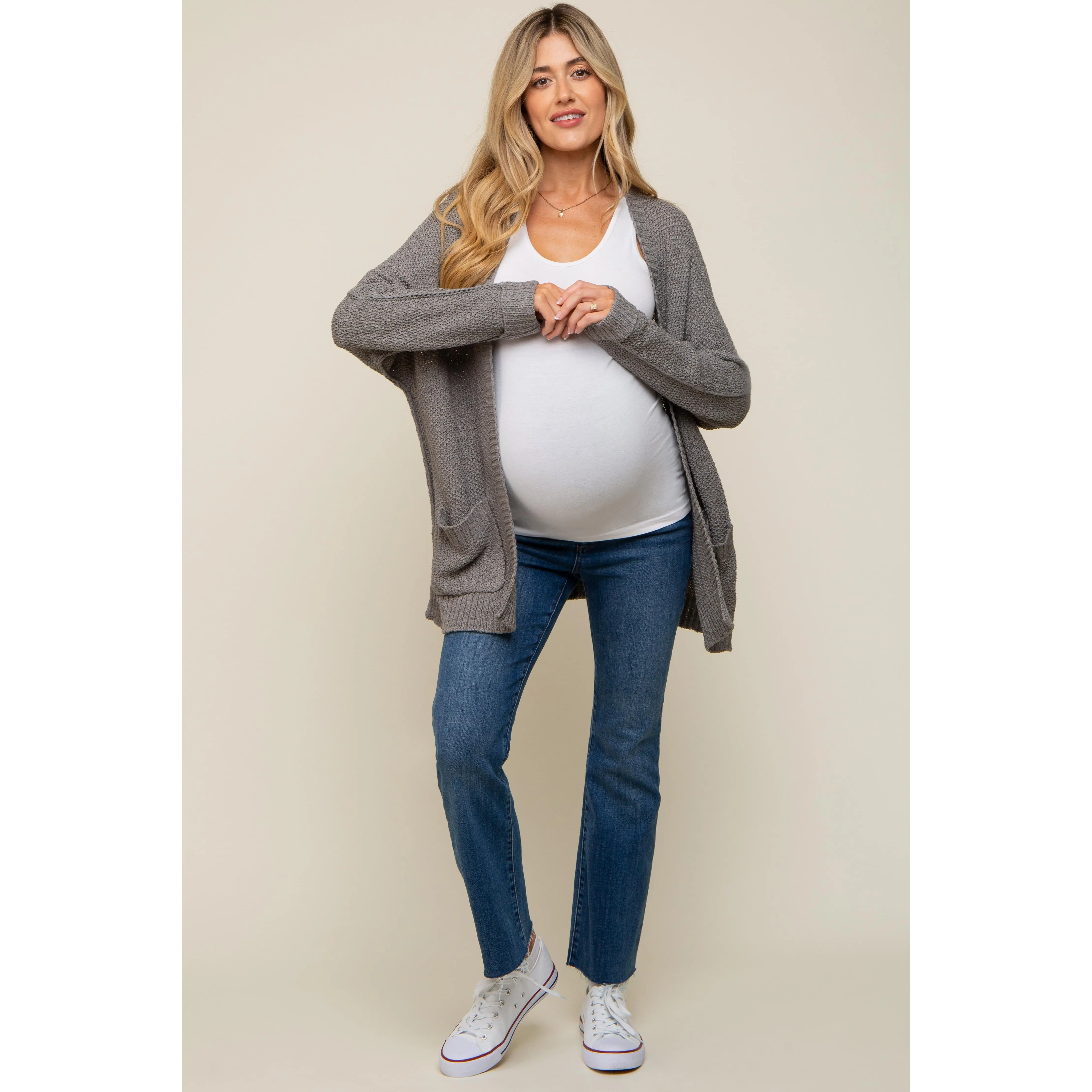 Women's Heather Grey Cuff-Sleeve Maternity Cardigan, Maternity Wear for Expecting Mothers