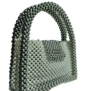Elegant Silver & White Pearl Beaded Handbag Handmade Statement Purse with Pearl Accents and Silver Beads