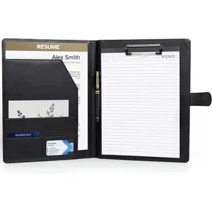 Professional Faux Leather Padfolio Portfolio Organizer Binder with Clipboard | Resume Folder, Legal Pad Holder with A4 Writing Pad, Business Card Holder (Black)