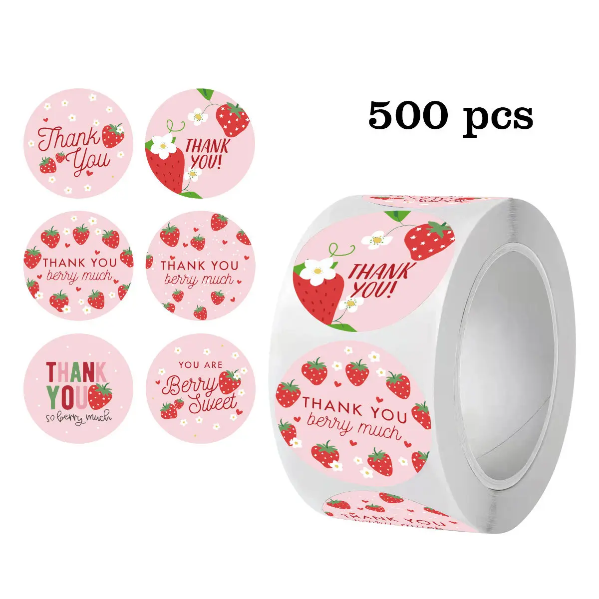 Cute Strawberry Thank You Sticker Rolls, Customizable Stickers, Decorative Stickers, Circle Sticker Label, 500 Pieces Per Roll, 1cm Round Adhesive Labels, Sticky Labels for Summer Birthday Party Decoration