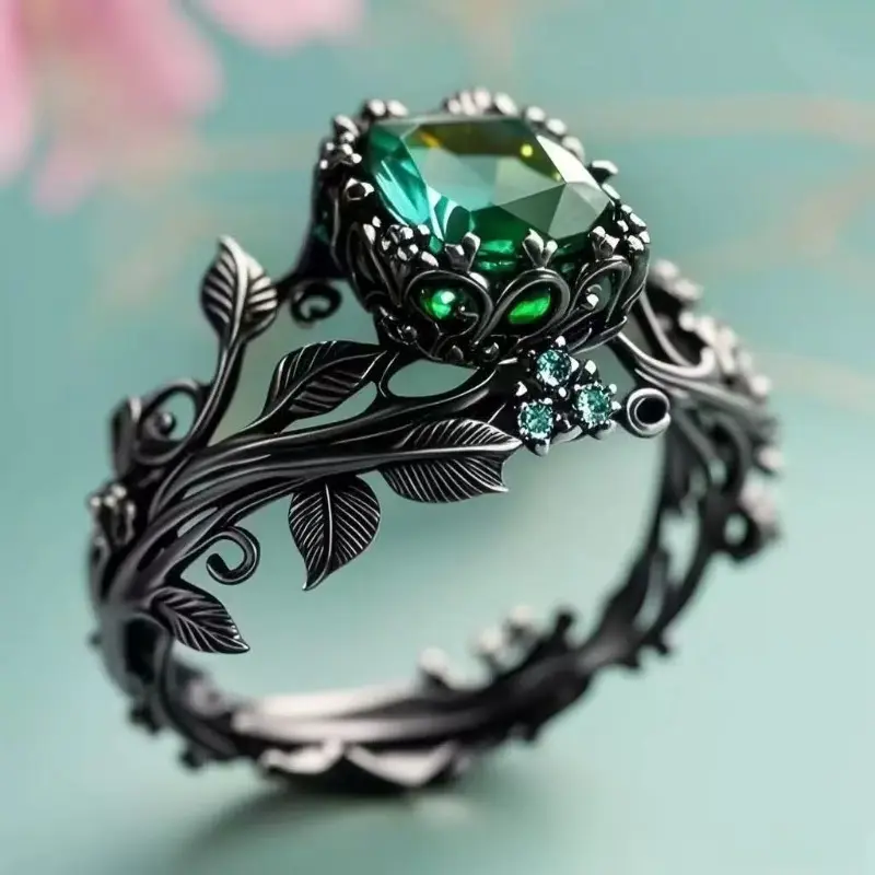 Ancient totem ring inlaid with green crystal energy, tribal style design, suitable for both men and women, with spiritual protection and healing properties, Crystal Healing Rings, Gemstone Rings