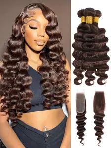 ALHER Color #4 Dark Brown Loose Deep Wave Bundles with 2x6/4x4 HD Lace Closure Human Hair , 12A Thick Soft 100% Virgin Remy Hair 3 Bundle with Closure(Free Part and 2x6 Kim K Deep Parting) Chocolate Brown Colored Sew In