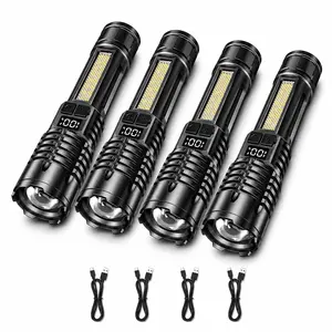 4 Pack Rechargeable LED Flashlights High Brightness Zoomable Flashlight with 5 Lighting Modes COB Side Light Digital Power Display USB Rechargeable Portable Handheld Flashlights for Camping Hiking Fishing Home Emergency Night Outdoor Use