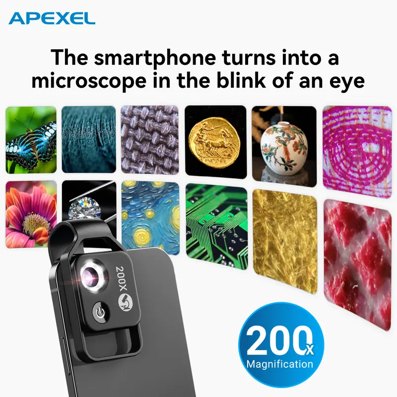 APEXEL – Microscope De Poche X200 – Se Fixe Sur Téléphone – Sans Application – Explorez Le Monde Microscopique