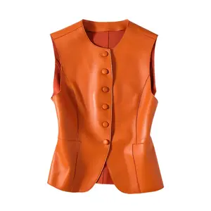 Women's Leather vest Orange Genuine Sheepskin Round Neck Sleeveless by Hide Crafts