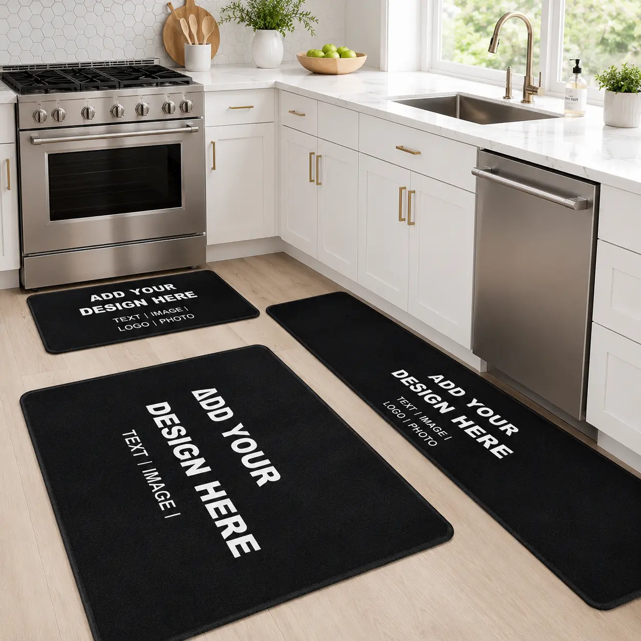 3-Piece Custom Kitchen Rug Set with Your Design, Personalized Non-Slip Kitchen Mats, Photo Logo Runner Rug Set for Sink, Stove & Prep Area