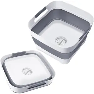 2.4 Gal Collapsible Wash Basin with Drain Plug SpaceSaving Foldable Bucket for Camping RV and Vegetable Washing Gray