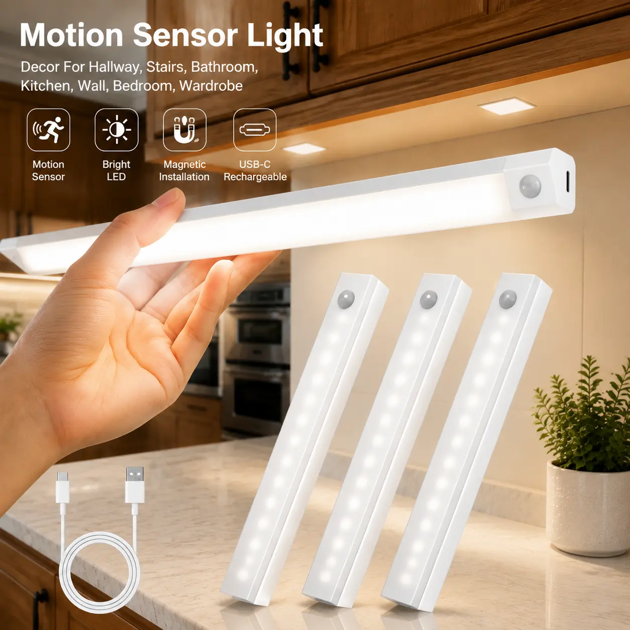 USB Rechargeable LED Under Cabinet Night Light, Magnetic Wireless Motion Sensor Light, White Light Shelf Lamp for Kitchen, Bedroom, Stairs, Closet, Cabinet and Home Decor