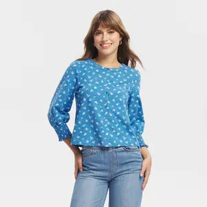 Women's Puff 3/4 Sleeve Button-Front Knit Top - Universal Thread Blue Floral L