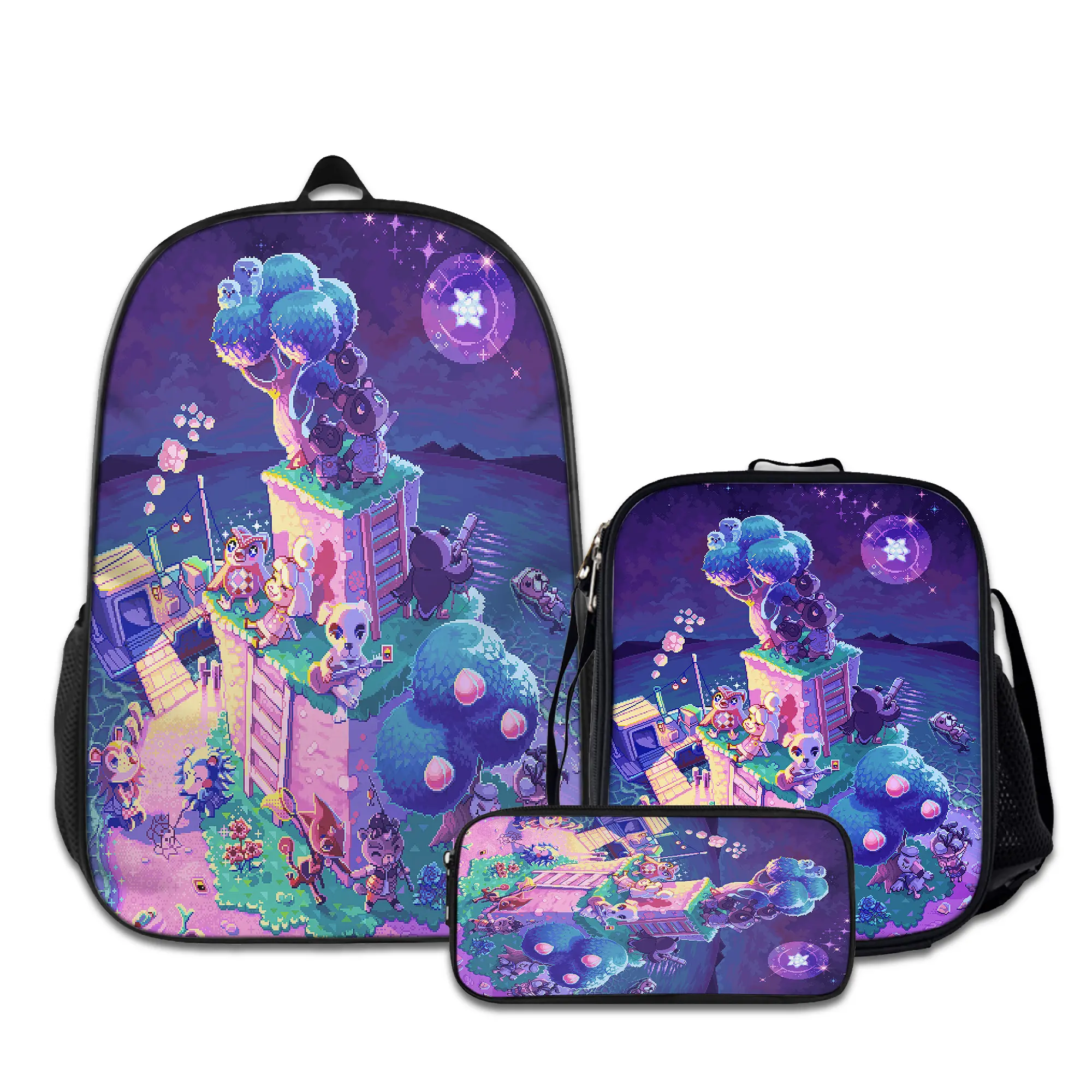 3PCS Backpacks for Girls Set, Cute animal-crossing-10 School Backpack for Boys with Lunch Box and Pencil Case, Aesthetic Bookbag for Teens, Lightweight Classic Backpack for Travel, Work, Picnic