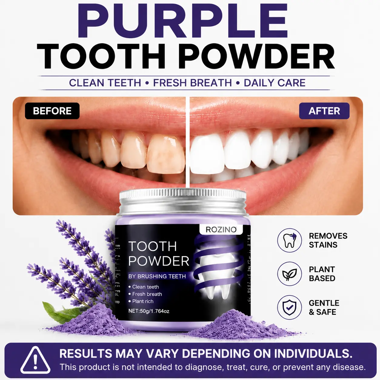 ROZINO Purple Tooth Powder, Plant-Based Oral Care Powder for Fresh Breath & Clean Teeth Feel, Daily Brushing Routine with Peppermint & Natural Ingredients