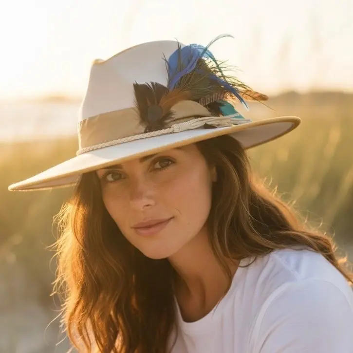 Rusty Peacock Hats Desert Peacock Artistry Line Original Hat with Ivory Suede Base Golden Trim Champagne Satin Band Peacock Feathers Adjustable Inner Band
