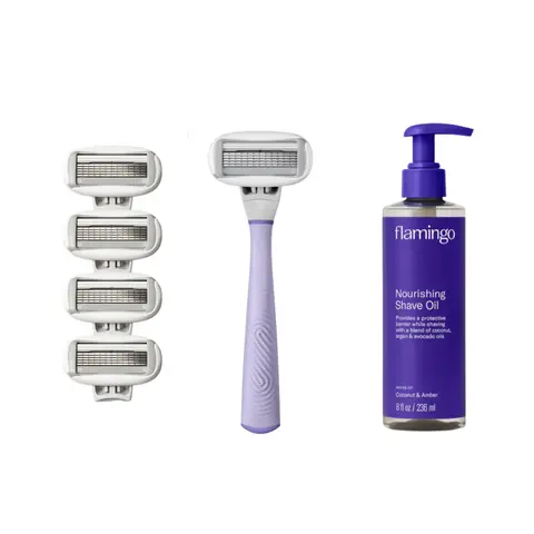 Flamingo Razor + 4pc Refills and Shave Oil Bundle