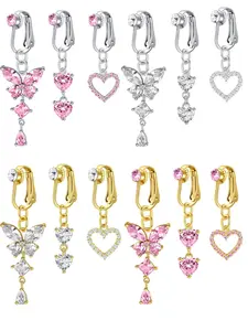 Fashionable Fake Belly Button Piercing, Dangle Butterfly & Heart Design Clip on Belly Button Rings, Non Piercing Belly Rings, Stainless Steel Faux Navel Body Jewelry