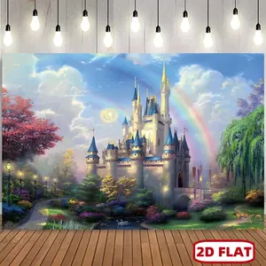 1pc 2D Flat Vibrant Princess Rainbow Castle Backdrop - Fantasy Castle Wall Decor for Wedding Photography, Birthday Party, Portrait - Easy-to-Use, and Reusable Castle-Themed