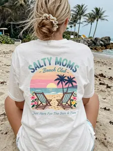 Women’s Plus Size 100% Cotton Graphic Tee Salty Moms Beach Club Tropical Palm Tree Hibiscus Print Shirt Oversized Casual Beachwear Soft Breathable Short Sleeve Crewneck Loose Fit Vacation Travel Summer Mom Gift Top