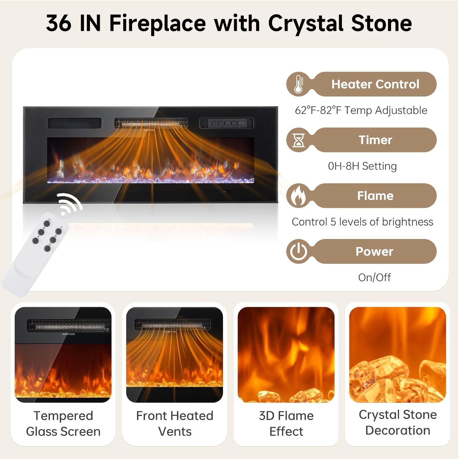 AOXUN 1500W DIY Electric Fireplace Insert 3-in-1 Wall Mounted Recessed Freestanding Heater with Adjustable Flame Remote Touch Control 8H Timer for Indoor Use