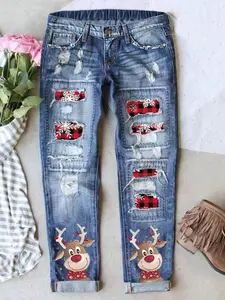 Christmas Reindeer Print Jeans, Vintage Ripped Design, Cat Whiskers Craftsmanship, Elastic Comfortable Fabric, Perfect Fit Long Denim Jeans, Denim Trouser