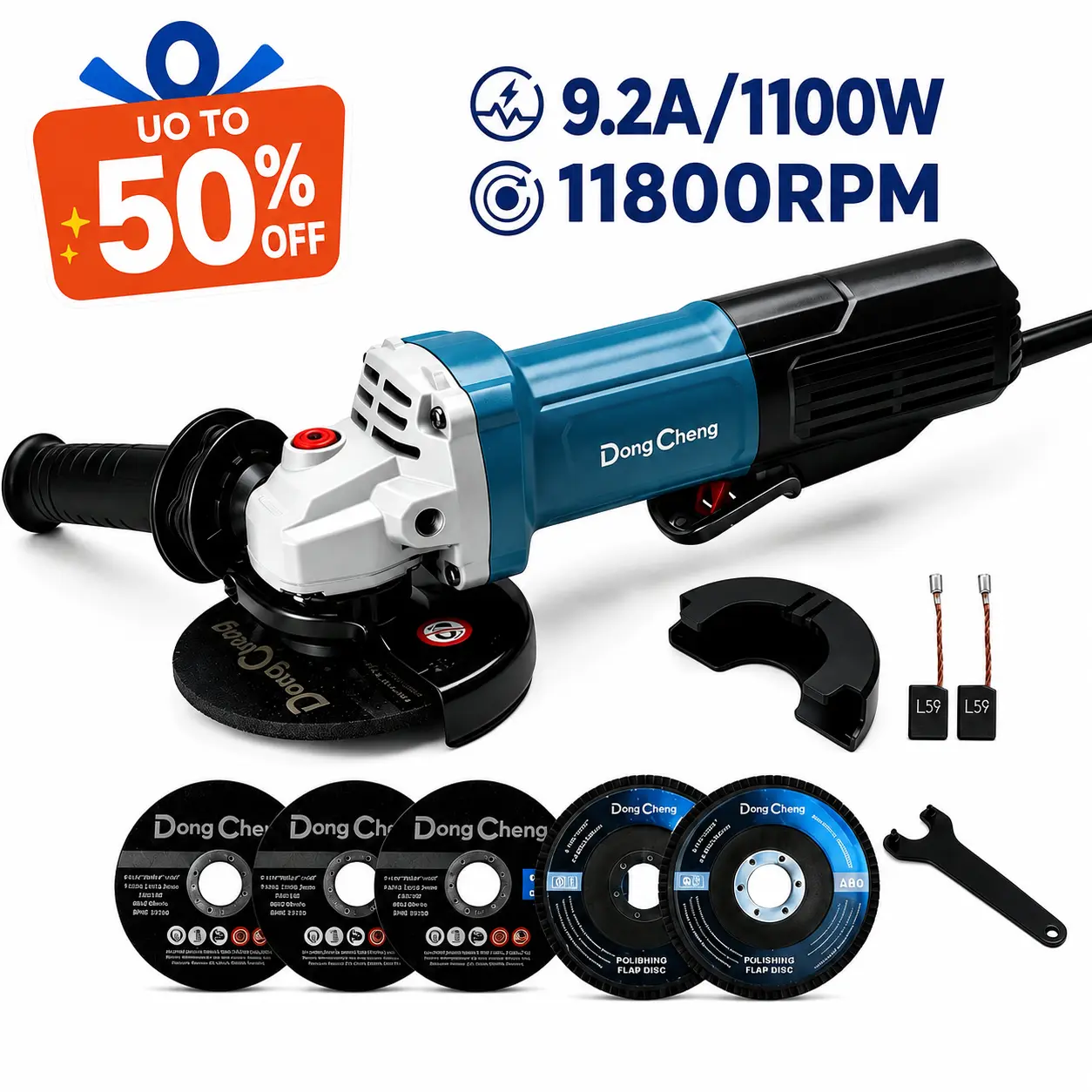 【Summerfinds】Heavy-Duty Electric Power Angle Grinder, 1100W 9.2A Copper Motor, 4-1/2 in. 11800RPM, 5-Year Warranty, Tool-Free Guard, Paddle Switch, 2-Position Shockproof Handle, Wrench, Heat Dissipation, 2 Flange Kits for Cutting/Grinding