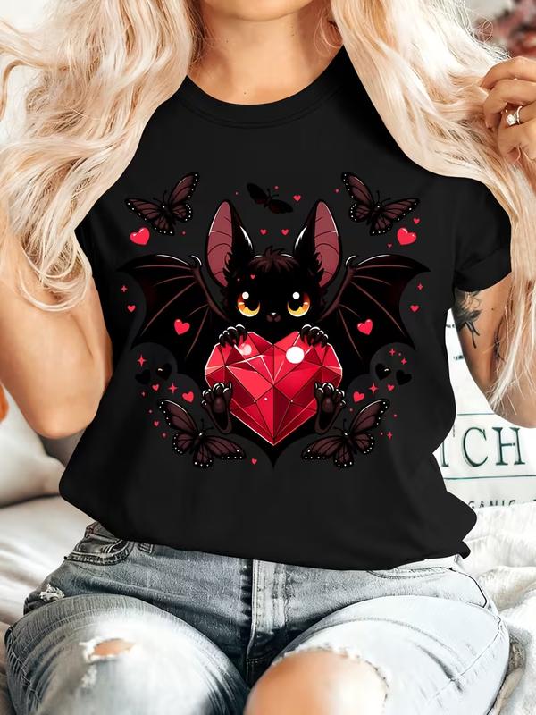 Women's Chic Vintage Bat Print Short-Sleeve T-Shirt - Soft Round Neck Blouse with Bat & Red Diamond Heart, Fits S-XXXXXL, Machine Washable, All-Season Casual Style Top