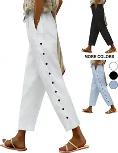 Women's Summer Trousers, Women's Summer 7/8 Cropped Wide Leg Trousers Elastic Waist Cotton Casual Trousers Lightweight Boho Trousers Beach Trousers with Pockets and Decorative Buttons