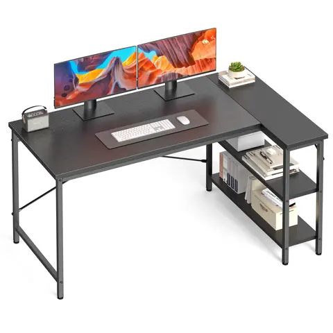 Sweetcrispy L-Shaped Modern Corner Desk - Sturdy Office Furniture with Reversible Shelf, Large Workspace, Adjustable Legs, Steel Frame, Easy Assembly & Modern Aesthetic, Assembly Required, Desk for Bedroom, Dual Monitor Setup