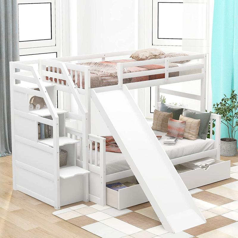 Full over Twin & Twin Bunk Bed with Drawer & Ladder, Triple Bunkbeds Wooden for Kids, Teens, Adults, Gray, White