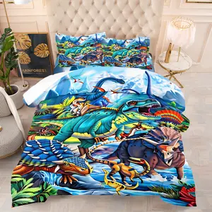 Dinosaur Print Comforter Set, Includes Filled Blanket and Pillowcases, Tyrannosaurus Rex, Triceratops Pattern, Comfortable Fabric, Kids Room Bedding, Bedroom Decoration, Comfy Bedding Set