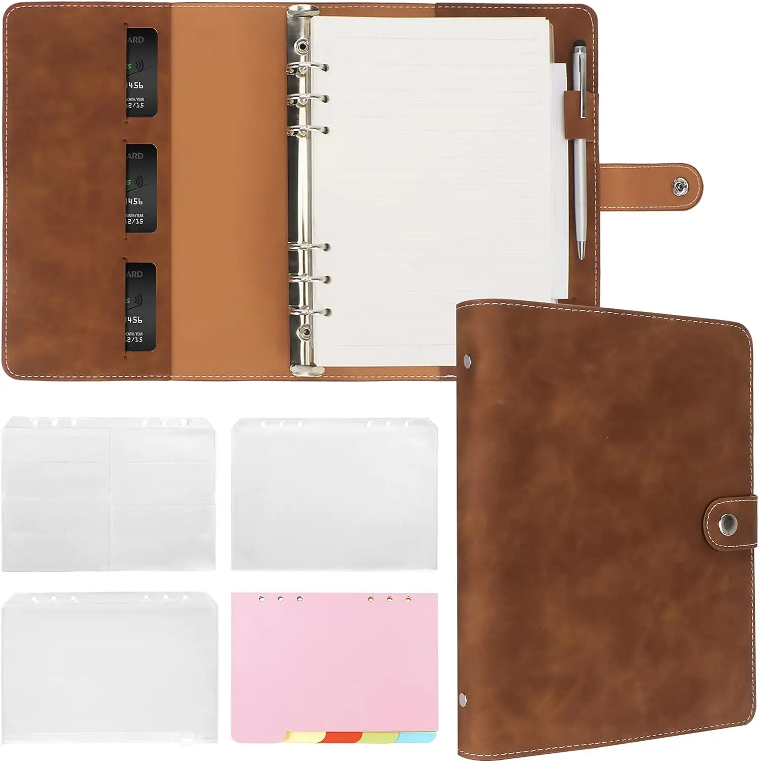 Leather A5 Binder 6 Ring Binder Notebook - Refillable Planner Binder with Binder Pockets, A5 Dividers, A5 Refill Paper, PU Leather Travel Binder Journal Cover Binder