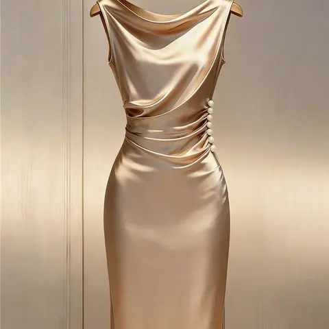 Women champagne gold dress, cowl neck sleeveless dress, pleated bodycon midi dress, high waist slim fit, split hem dress, perfect for dinner party, banquet, cocktail party, Dresses for party