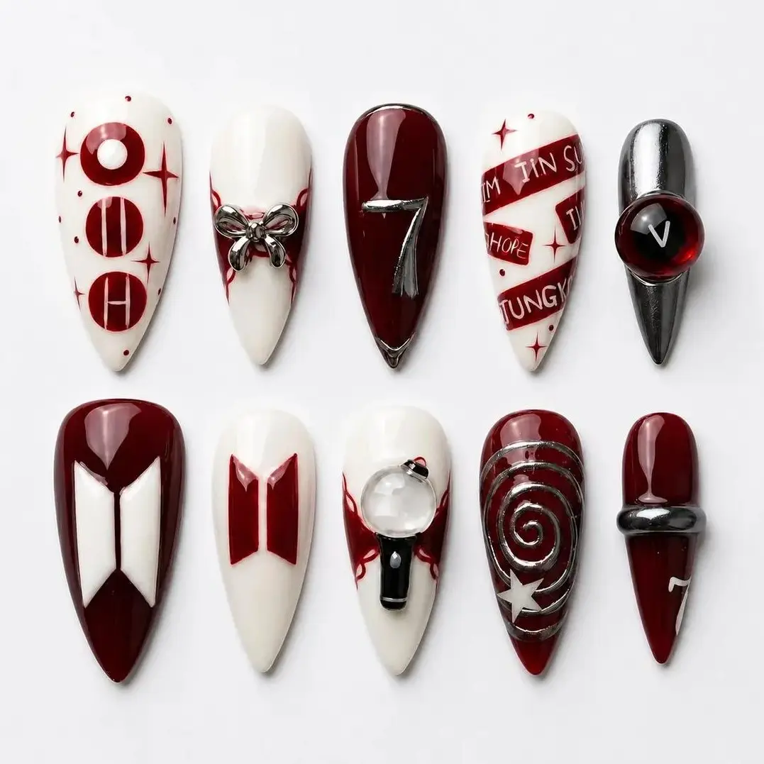 Army Burgundy Kpop Press On Nails, Chrome Bow Star Idol Inspired Design, Y2K Concert Nail Art, Bangtan Boys Fake Nails