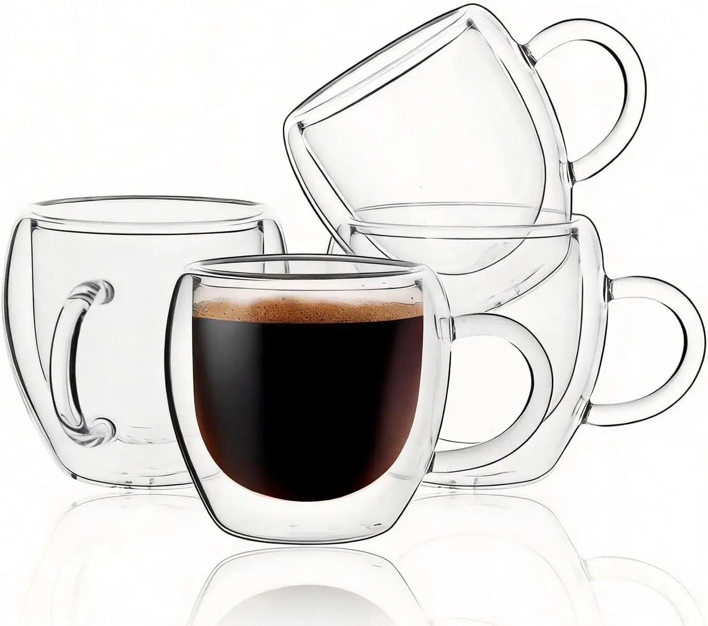 2.5oz Espresso Cups Set of 4, Double Wall Insulated Clear Glass Expresso Mugs with Handle, Heat Resistant Small Coffee Shot Glasses for Home Cafe & Espresso Machine Accessories, Tazas De Cafe Expreso