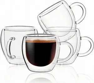2.5oz Espresso Cups Set of 4, Double Wall Insulated Clear Glass Expresso Mugs with Handle, Heat Resistant Small Coffee Shot Glasses for Home Cafe & Espresso Machine Accessories, Tazas De Cafe Expreso