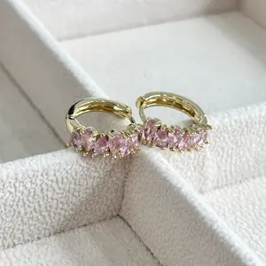 Pink Stone Huggie Earrings - Gold Toned Pink Stone Design Jewelry Piece