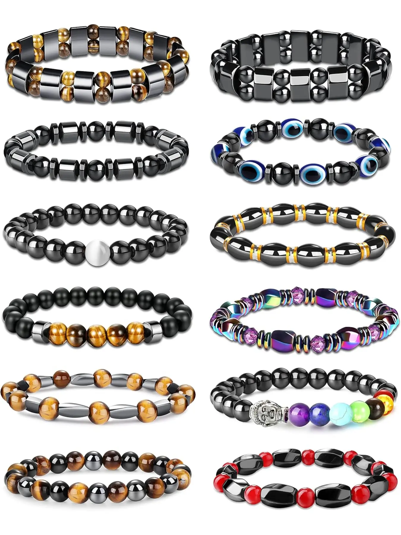 12Pcs Hematite Magnetic Bracelet Set Matching Bracelet for Men Women Tiger Eye Stone Bracelet Stree Relief Gift Beaded Bracelets Set